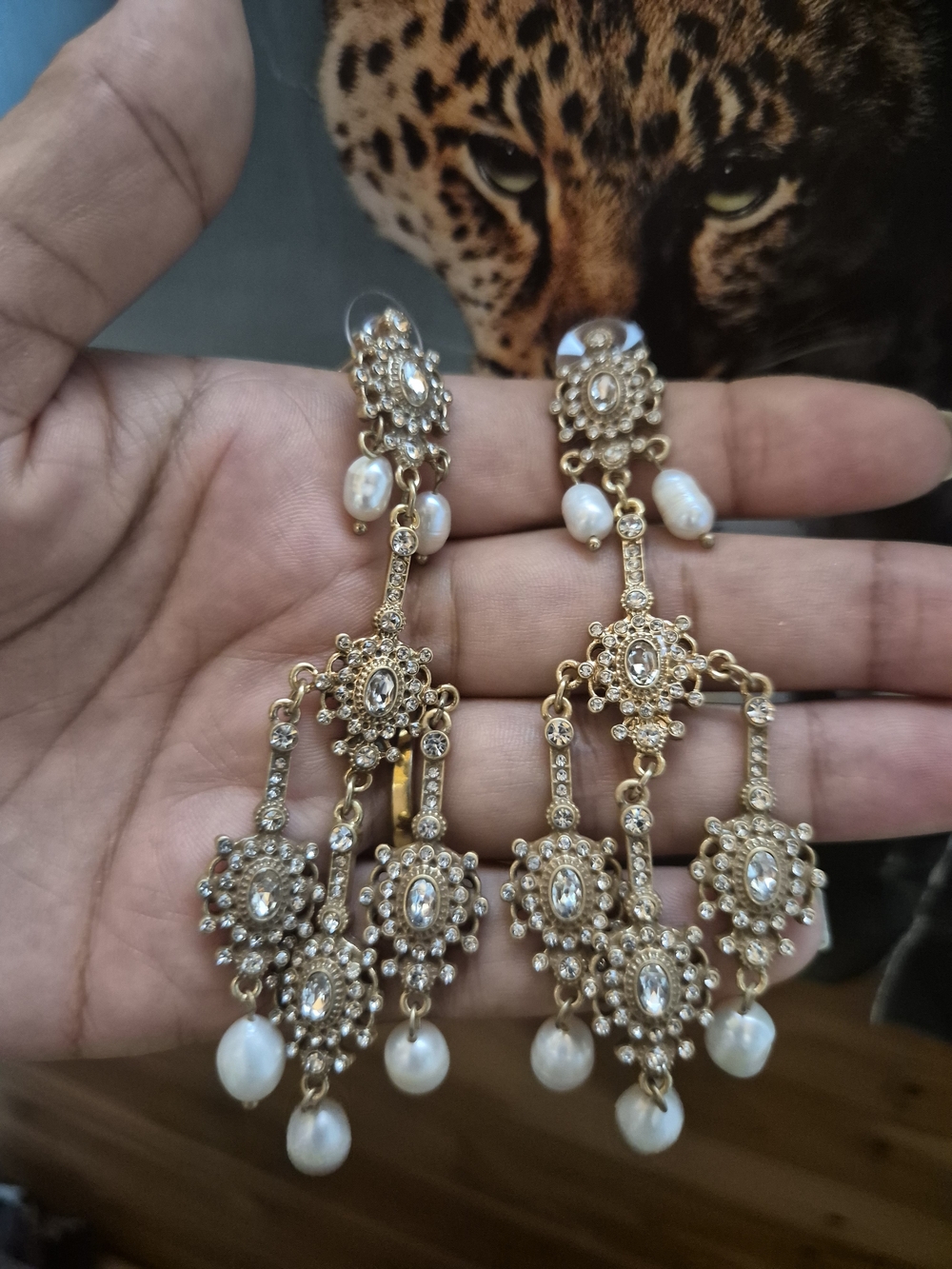 Gold Pearl Chandelier Earrings with Clear Crystal Accents